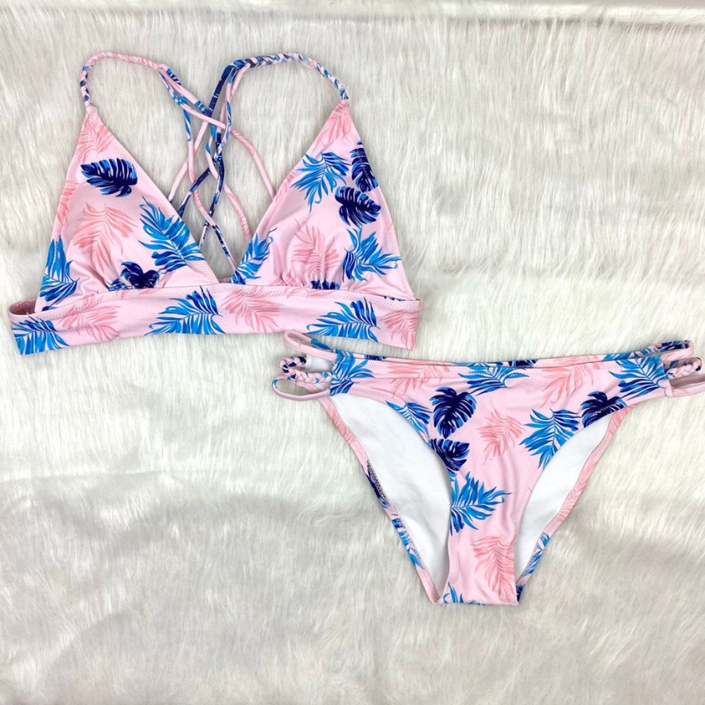 NWOT Cupshe Pink Blue Floral Bikini Set Size Large